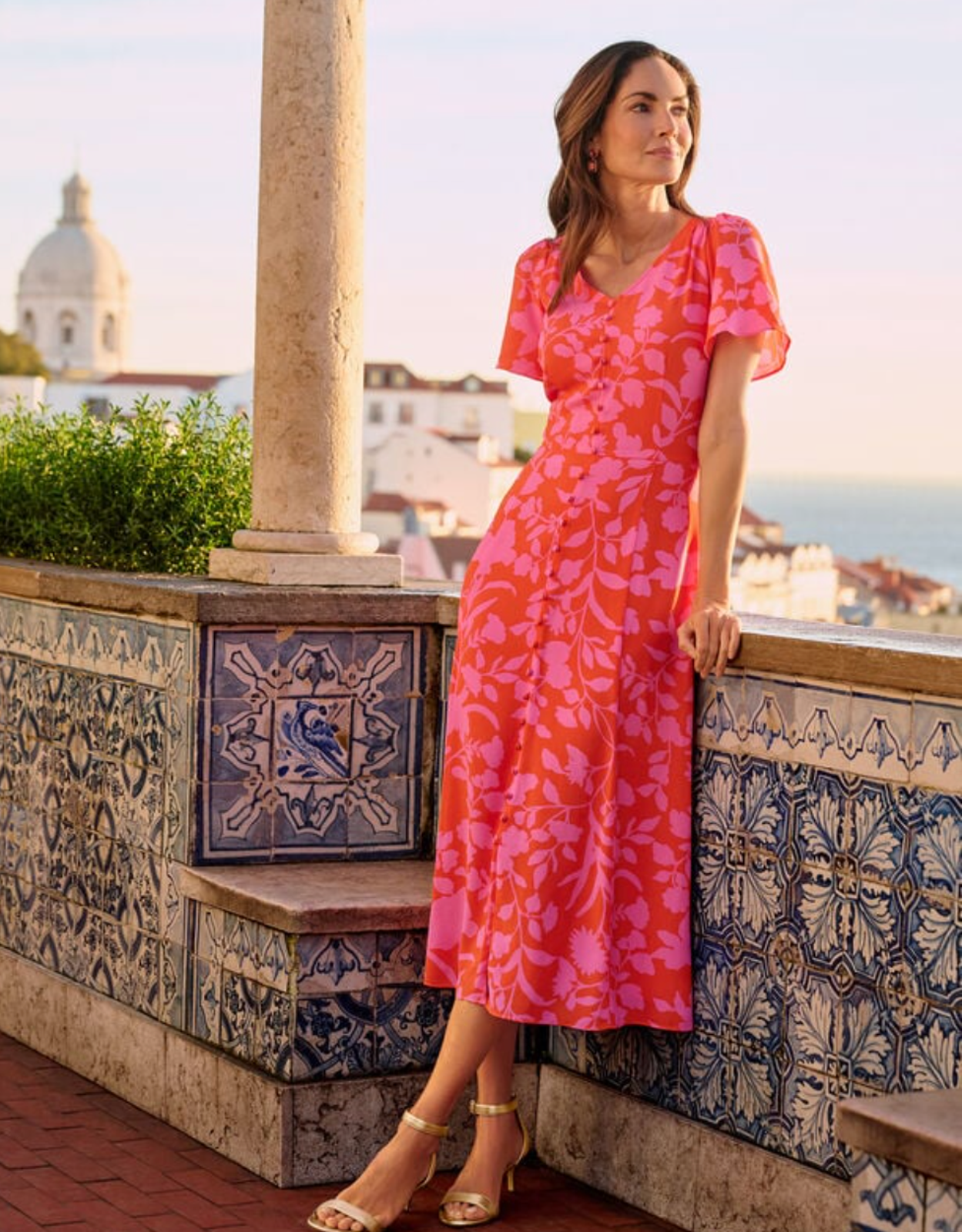 Talbots Flutter Sleeve Crepe Dress 12 Petite Tangerine Geranium Print Midi
